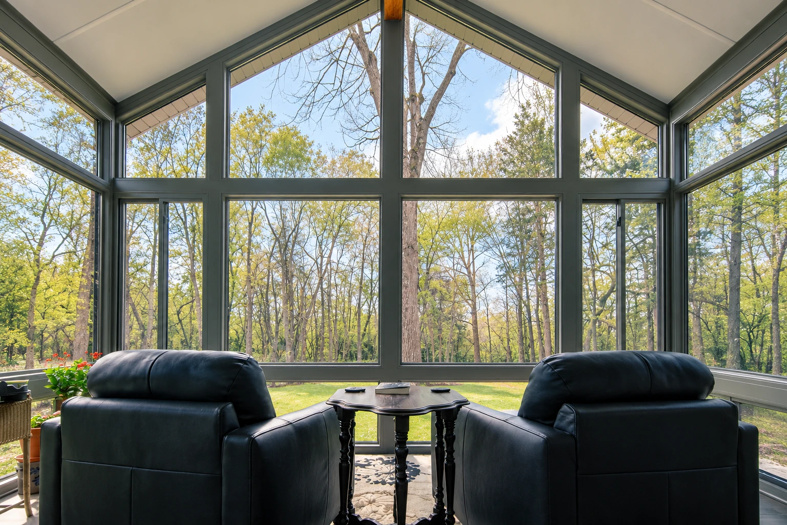 A bright four-season sunroom has tall triangular and rectangular windows overlooking leafy trees, with two dark leather chairs and a small table.