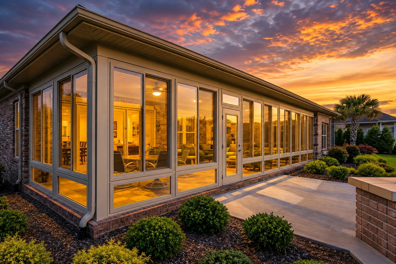 A custom sunroom with floor-to-ceiling windows glows warmly at sunset beside a paved patio.