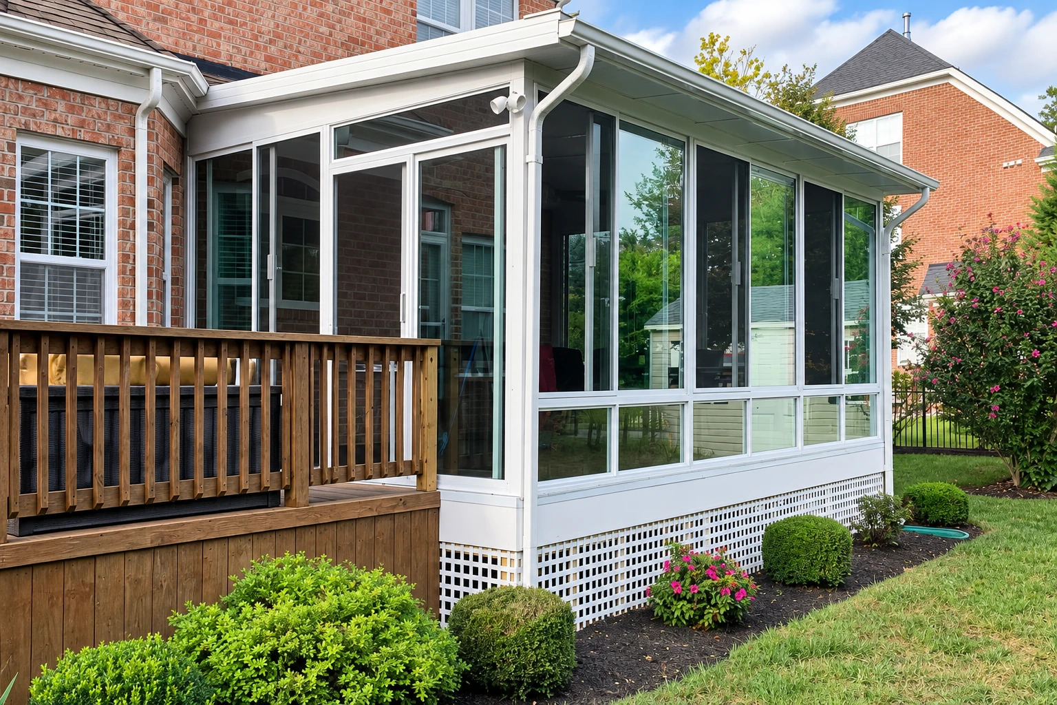 Sunroom addition enclosed with tall glass panels beside a wooden deck, with shrubs and flowers along the exterior.