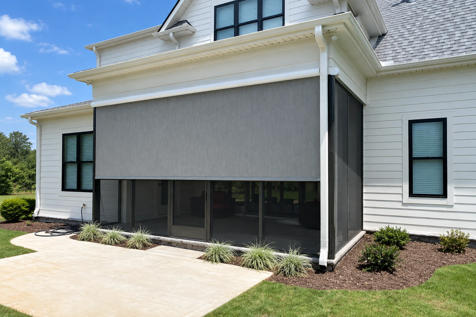 A white house has an enclosed patio with dark mesh screens and a lowered gray shade, beside a paved patio and lawn.