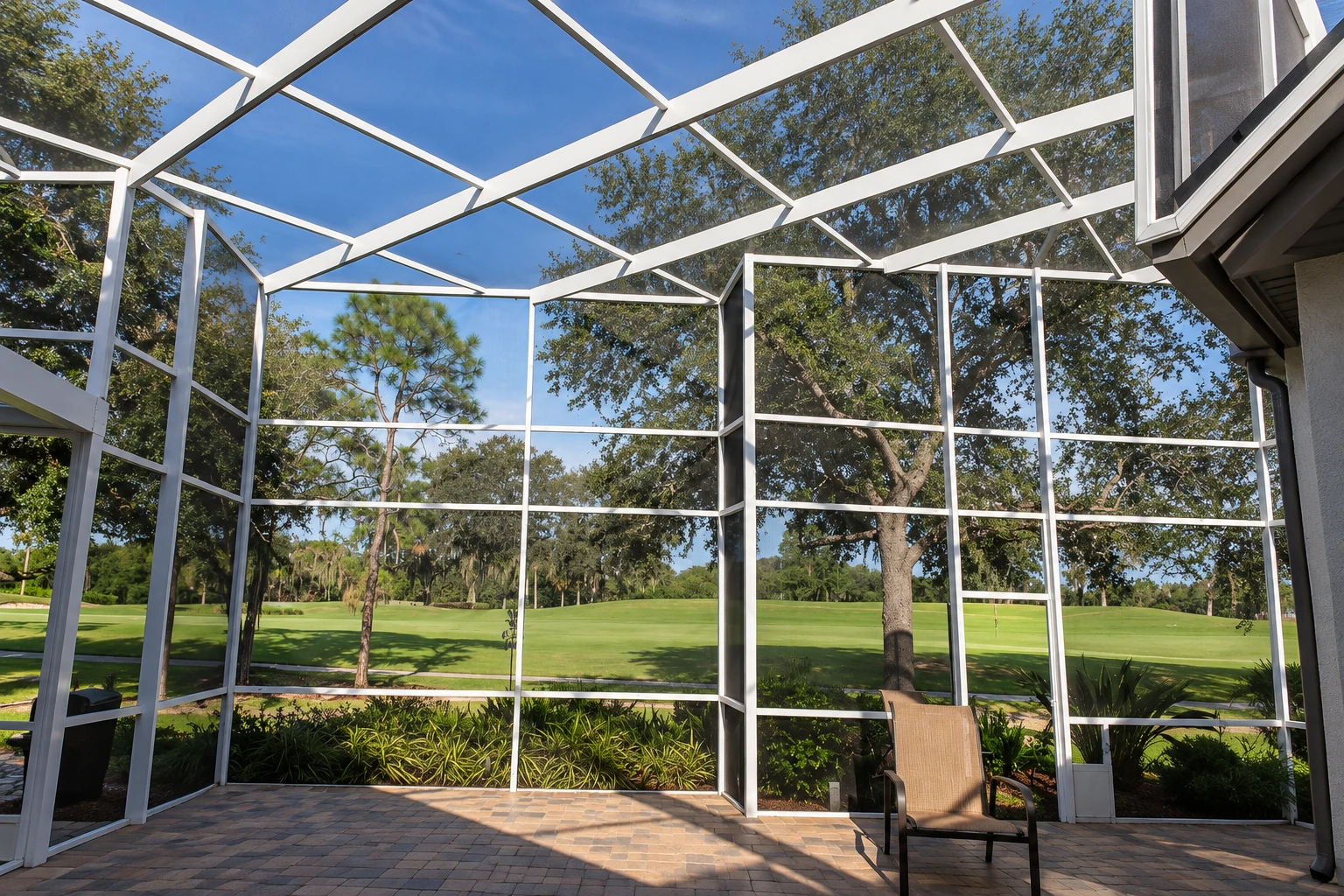 A screened patio enclosure with a white frame and roof opens to a tree-lined lawn.