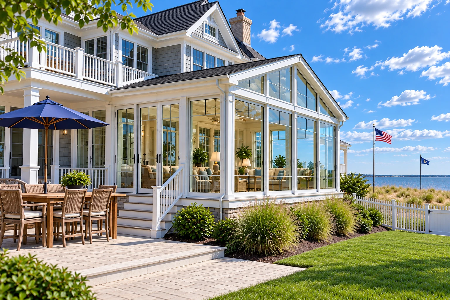 A white-framed glass sunroom projects from a coastal house, beside an outdoor dining patio with a blue umbrella and a lawn by the water.