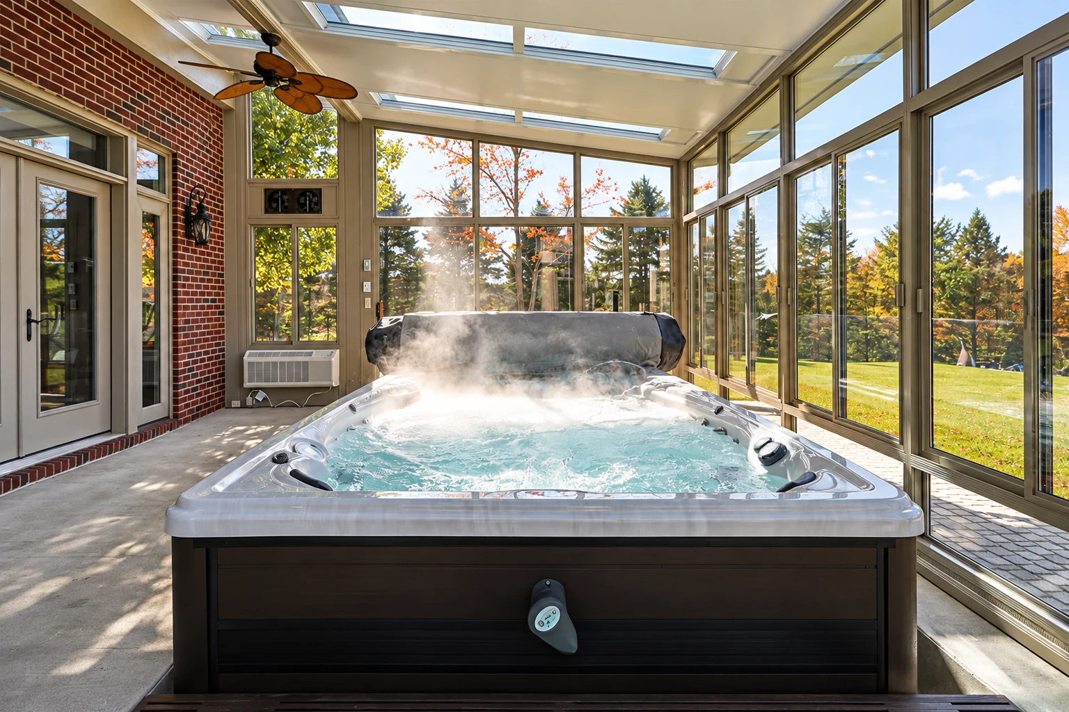 A bubbling hot tub sits in a glass-walled solarium with skylights, a ceiling fan, and views of autumn trees.