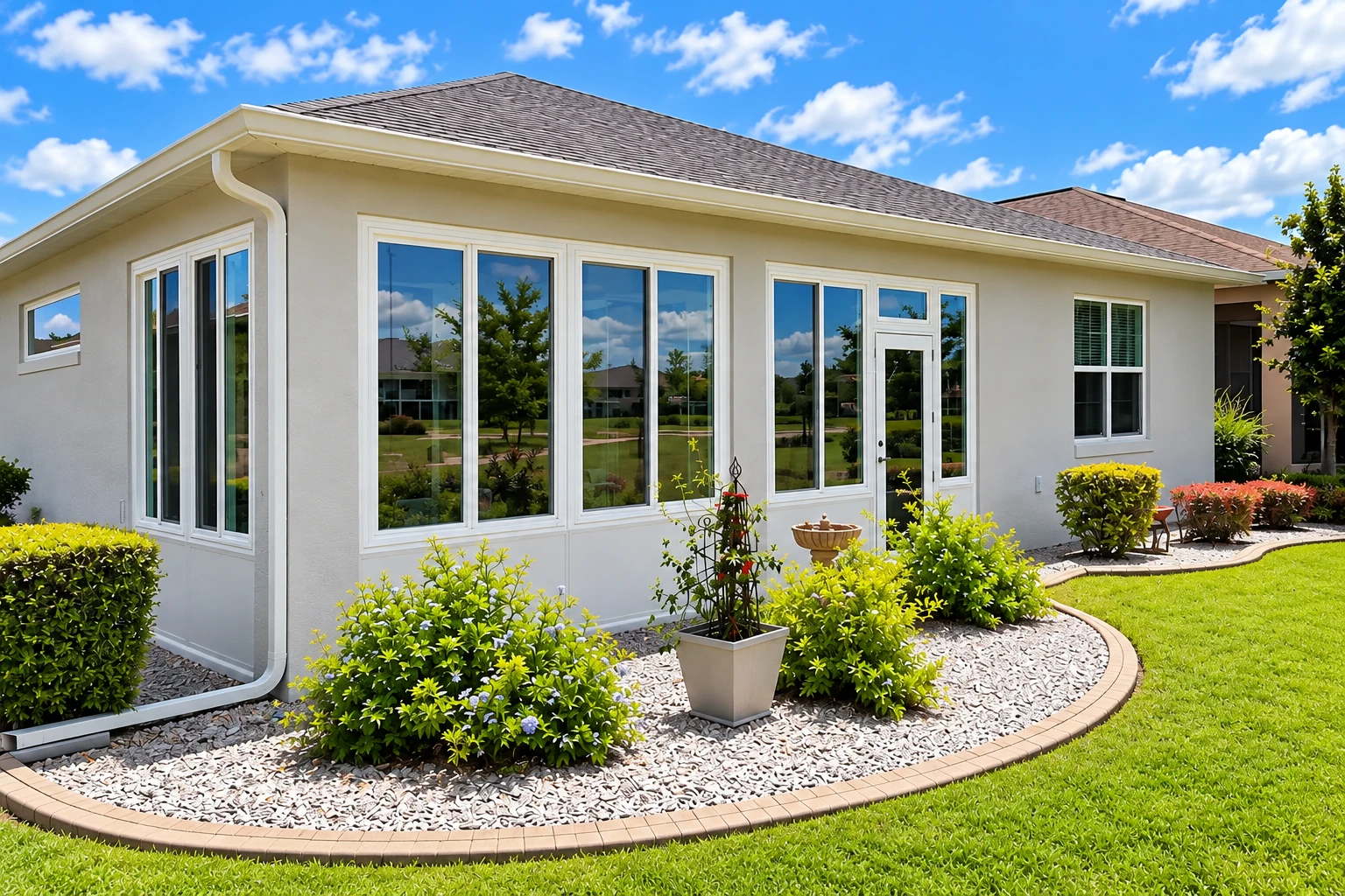 A white exterior sunroom has broad windows and a glass door, bordered by landscaped beds and lawn.
